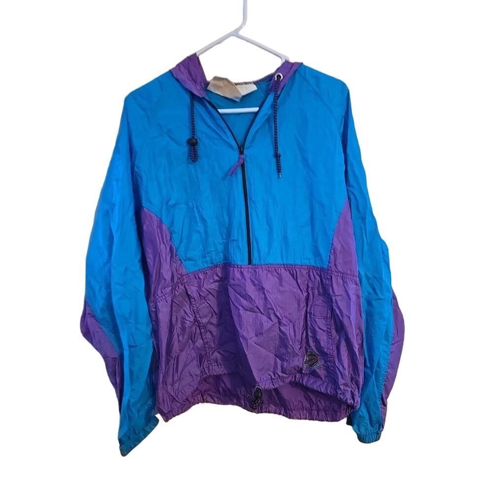Vintage‎ Ocean Equipment Blue 1/2 Zip Hooded Windbreaker Jacket Womans Sz Medium